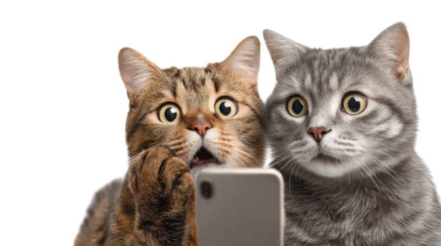 Double Take: Capturing the shared surprise and wide-eyed amazement of two adorable cats gazing at a phone, showcasing the essence of astonishment. 