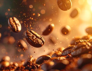 Roasted coffee beans flying in the air with warm golden light