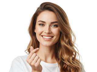 Cheerful woman isolated on transparent background showing heart gesture