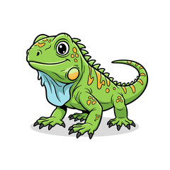 Fototapeta premium Cute cartoon iguana with colorful markings and cheerful expression, on white background, copy space
