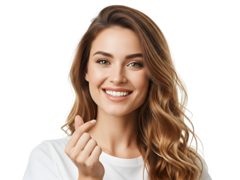 Cheerful woman isolated on transparent background showing heart gesture