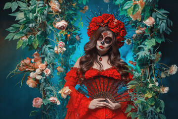 Closeup beauty face woman sugar skull make-up art paint, hand holding black lace fan. eyes red lips dress crown with roses flowers on head. Sexy girl Calavera in dark black night garden trees blue fog