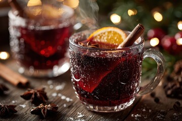 Warm and aromatic mulled wine, garnished with orange slices and cinnamon sticks, steaming gently on a rustic wooden surface, cozy winter holiday beverage.