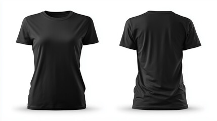 black blank t-shirt template for women, front and back view on a white background.