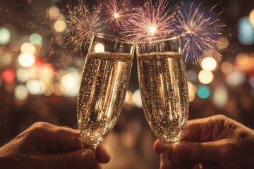 Two champagne glasses toasting against a backdrop of fireworks, capturing the joyful celebration of a special occasion and festive mood for New Year's Eve.