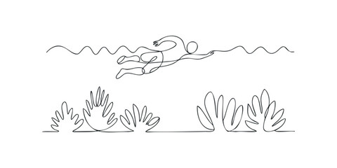 Minimalist single line drawing of person swimming in wavy water