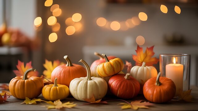Festive thanksgiving table with pumpkins, autumn leaves, and candle light for a warm ambiance