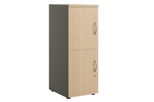 Office storage cabinet with two wooden doors and metal handles, providing file and document organization, transparent background