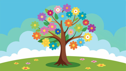 A carpet of colorful blooms surrounding a lone tree that provides shelter from the warm spring sun.