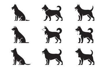 vintage modern dog silhouette pack 3x3 assorted poses vector icons for stock and branding