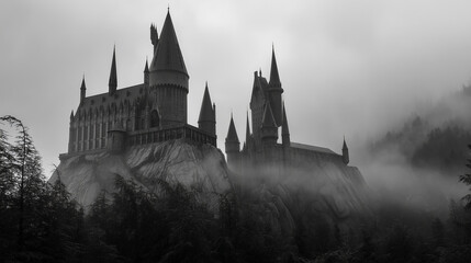 Spooky castle with towering spires surrounded by fog