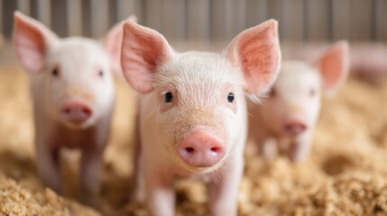 Smart livestock system, Three adorable piglets are seen in a cozy barn setting, surrounded by soft bedding, showcasing their curious expressions and playful nature.
