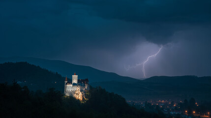Night view of Dracula&acirc;s castle with lightning striking in the background