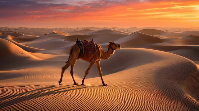 A camel is walking across a desert landscape with a beautiful sunset in the background. Concept of tranquility and serenity, as the camel moves through the vast, empty desert