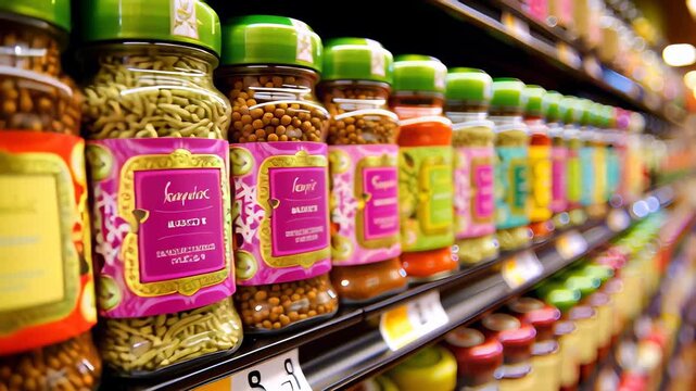 A row of spice bottles on a shelf in a store. The bottles are in various colors and sizes