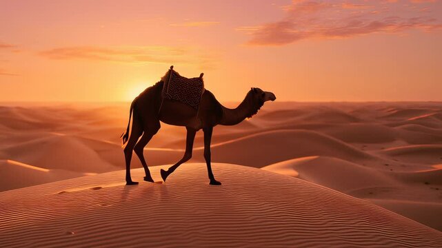 A camel is walking across a desert at sunset. The scene is peaceful and serene, with the sun setting in the background