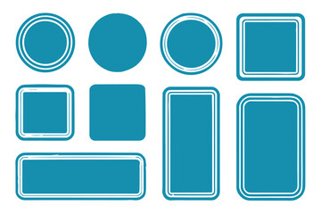 blue grunge badge shapes set distressed ring border and solid icons in round and rounded rectangle styles for retro design