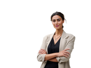 Confident Professional Woman: A poised woman, radiating confidence, stands with arms crossed, exuding professionalism and poise. The image captures a sense of empowerment.