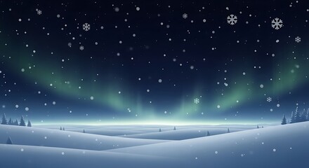 Magical winter night sky with aurora borealis and snowfall