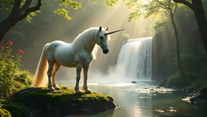 A mythical white unicorn stands in a lush, green natural landscape, embodying peace and magic.
