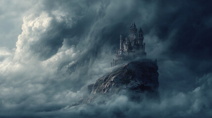 Lonely castle on a rocky cliff surrounded by swirling dark clouds