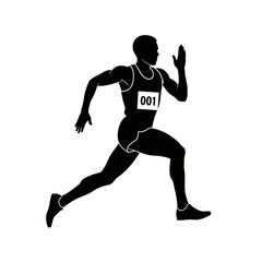 Dynamic black silhouette of a male runner with race number 001 in full sprint, showcasing power, speed, and athleticism, ideal for sports illustrations and designs