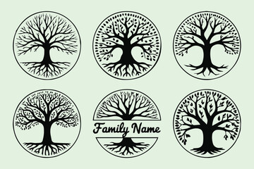 minimalist tree of life family crest collection circular silhouettes with roots branches customizable text