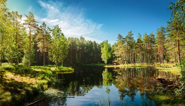 Sunny Day By The Lake In The Forest Of Bymarka