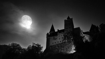Obraz premium A full moon behind Draculaâs castle casting dramatic shadows
