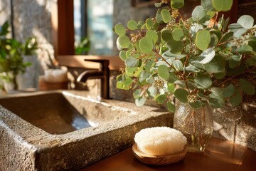 Close-up shot showcasing a rustic stone sink and elegant eucalyptus in a glass vase, complete with a natural sponge, bathed in warm sunlight creating a serene and inviting spa like atmosphere.