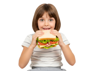 Young girl holding a sandwich isolated on transparent background