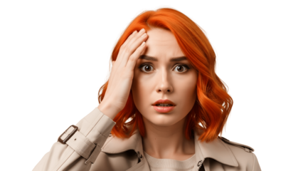 Worried redhaired woman isolated on transparent background