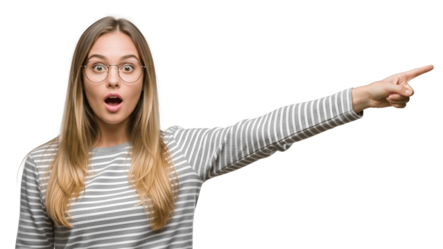 Surprised woman pointing right isolated on transparent background
