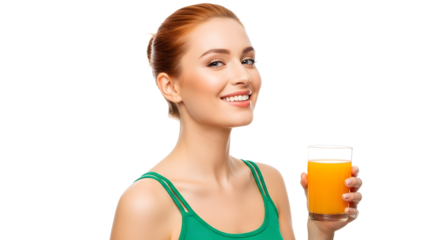 Smiling woman holding glass of orange juice isolated on transparent background