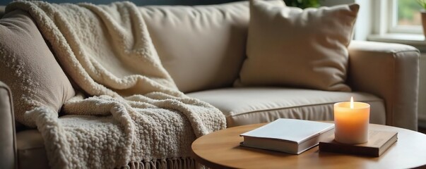Cozy Living Room Relaxation Scene Plush Throw Blanket, Coffee Table Book, Scented Candle, Home Decor Gift Ideas