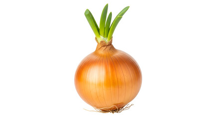 Golden onion with green sprouts isolated on transparent background