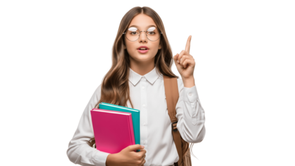 Girl in glasses with books isolated on transparent background points up