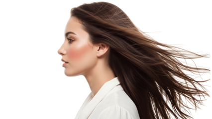 Beautiful woman isolated on transparent background with flowing hair