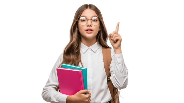 Girl in glasses with books isolated on transparent background points up