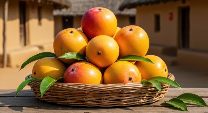 Heap of Vibrant Alphonso Mangoes in a Rustic Wicker Basket outdoors