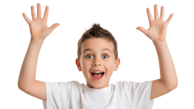 Excited little boy isolated on transparent background with hands up