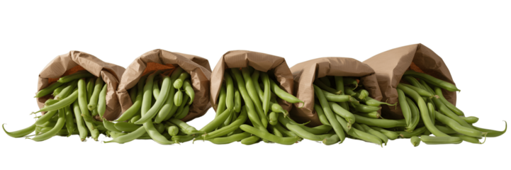 Green beans in paper bags isolated on transparent background, close up
