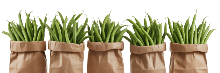 Green beans in paper bags isolated on transparent background, close up