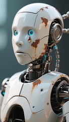 Fototapeta premium A motionless robot with a drop of rust on its cheek.