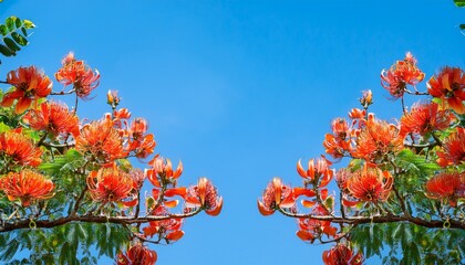 Orange Palasha Flowers Red Orange Flowers Of Bastard Teak Bengal Kino Flame Of The Forest Butea Monosperma Bloom Beautifully On The Tree On Blue Sky Background With Copy Space And Selective Focus