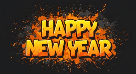 Happy new year text in bold yellow font with orange splash effect on a dark, textured background