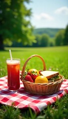 Relaxing Summer Picnic Sun-Dappled Meadow with Fruit, Sandwiches, and Refreshing Drinks