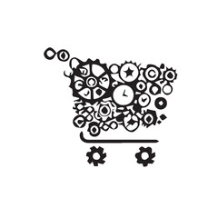 Shopping Cart Silhouette Composed of Intricate Gears and Mechanical Elements, Symbolizing Commerce and Industry