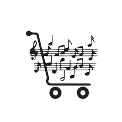 Conceptual illustration of a shopping cart filled with musical notes on a staff, symbolizing the buying and selling of music, songs, and audio content