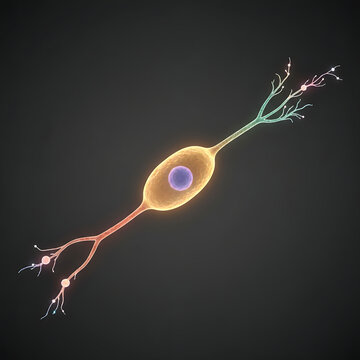 Micrograph of a bipolar neuron, showing its distinctive structure with two main extensions&mdash;an axon and a dendrite&mdash;emerging from opposite ends of the oval cell body. 